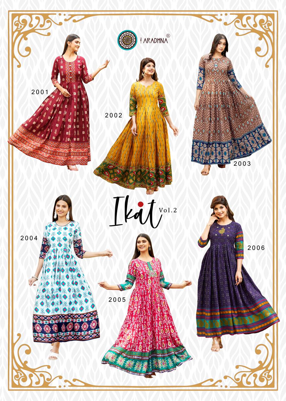 Aradhna Ikat 2 Heavy Rayon Designer Printed  Anarkali Long Kurti Collection